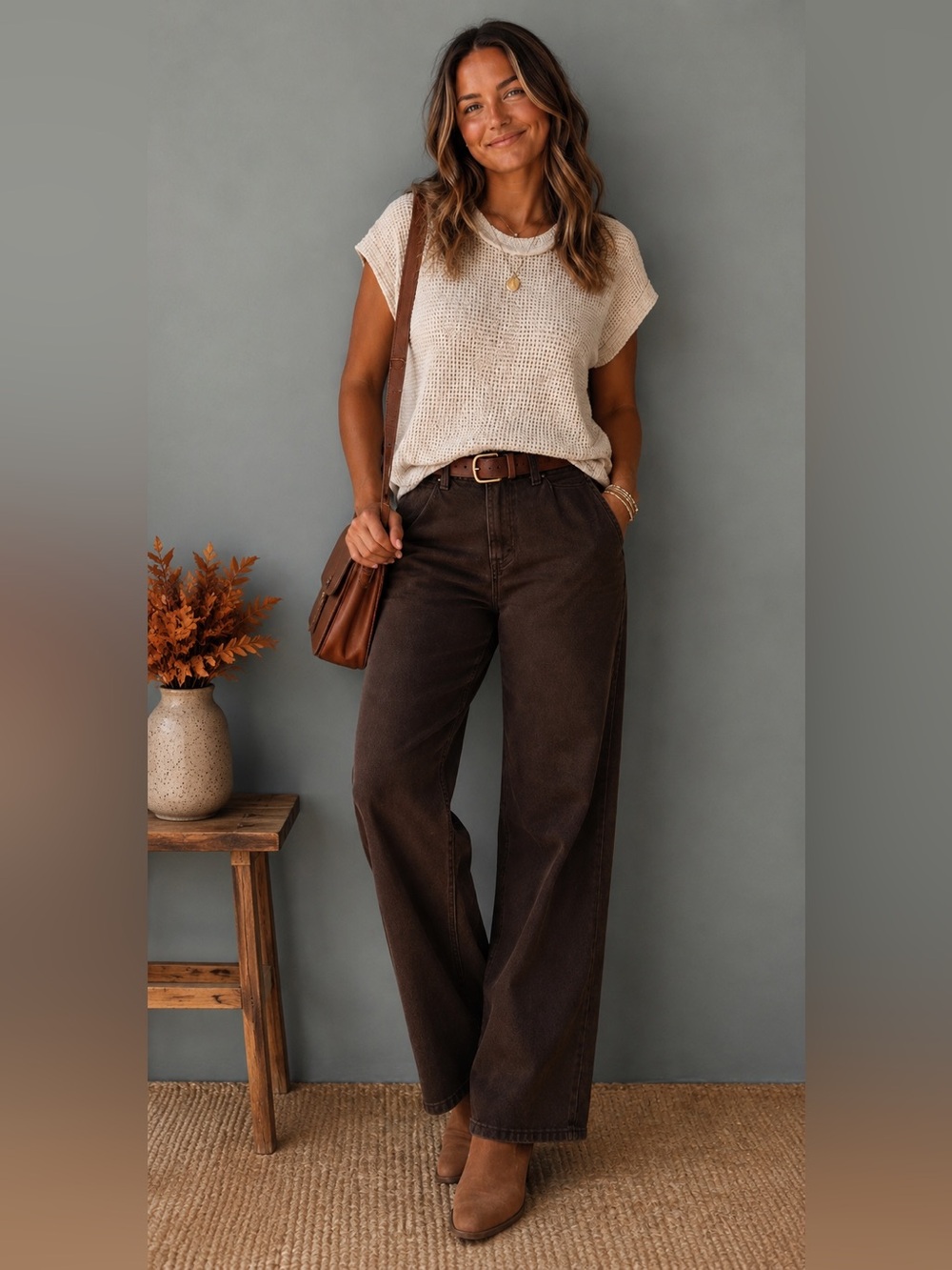 Andree by Unit Oatmeal waffle-knit loose-fitting top